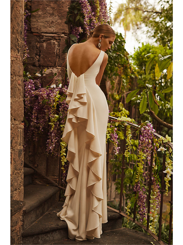 Column Straps Sleeveless Sweep / Brush Train Tulle Wedding Gown With Cascading Ruffle 3