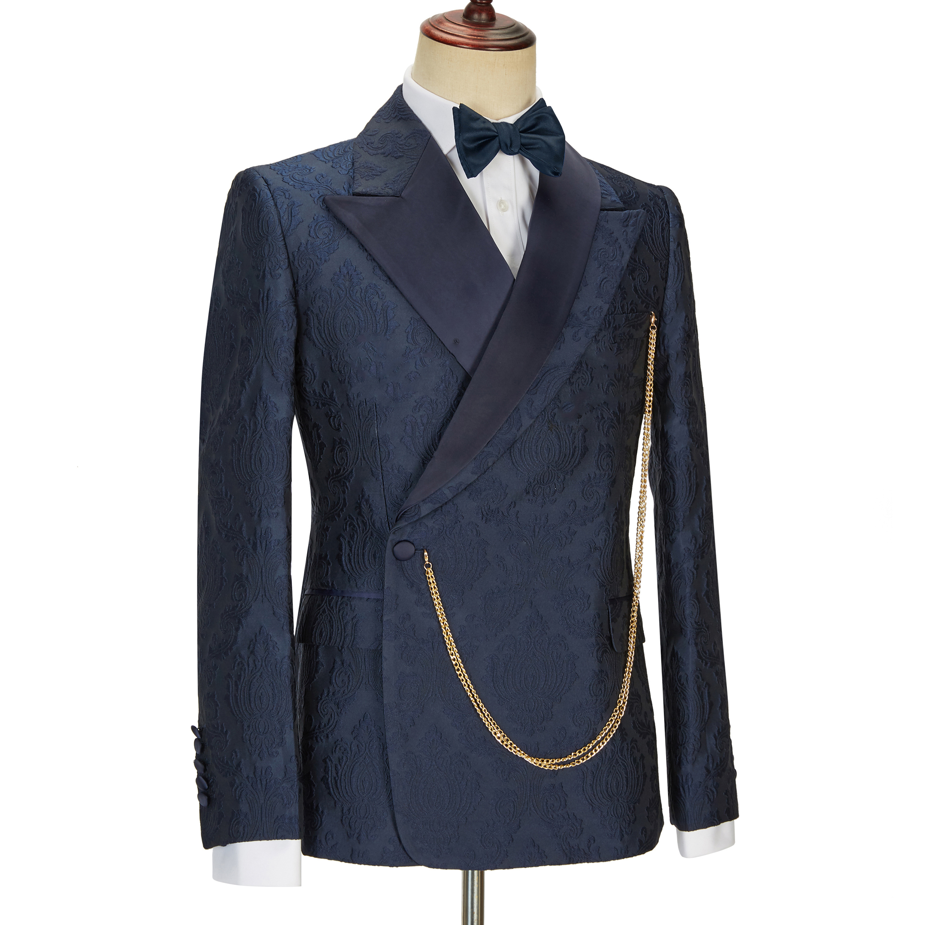 Navy Blue Jacquard Peaked Lapel Wedding Men Suit 2