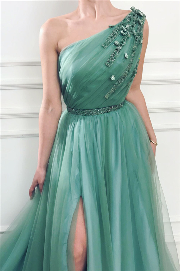 A-line One Shoulder Sleeveless Floor-length Tulle Evening Dress With Ribbons 2