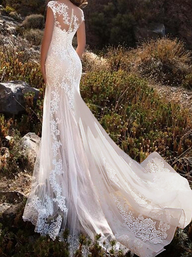 Mermaid Sleeveless Chapel Train Lace Bridal Gown With Buttons 2