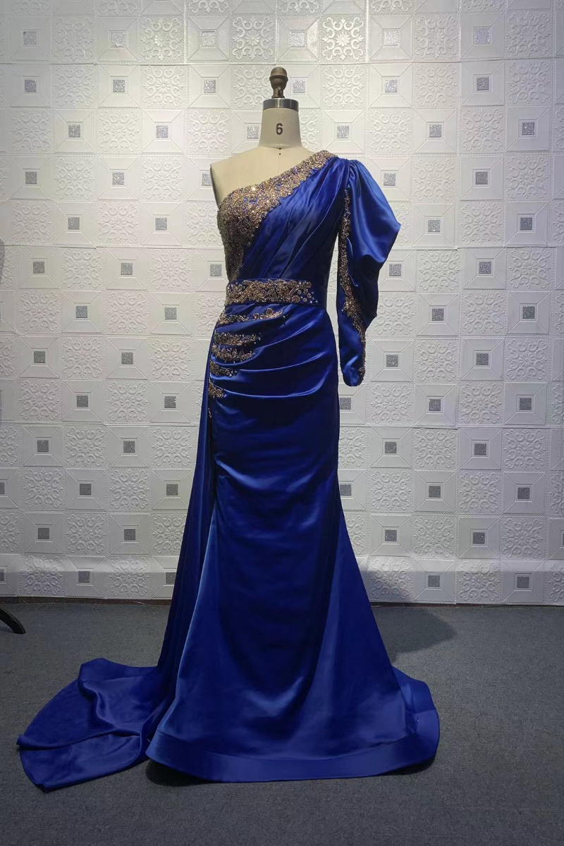 Mermaid One Shoulder Long Sleeves Floor-length Stretch Satin Formal Dress With Ruffles 4