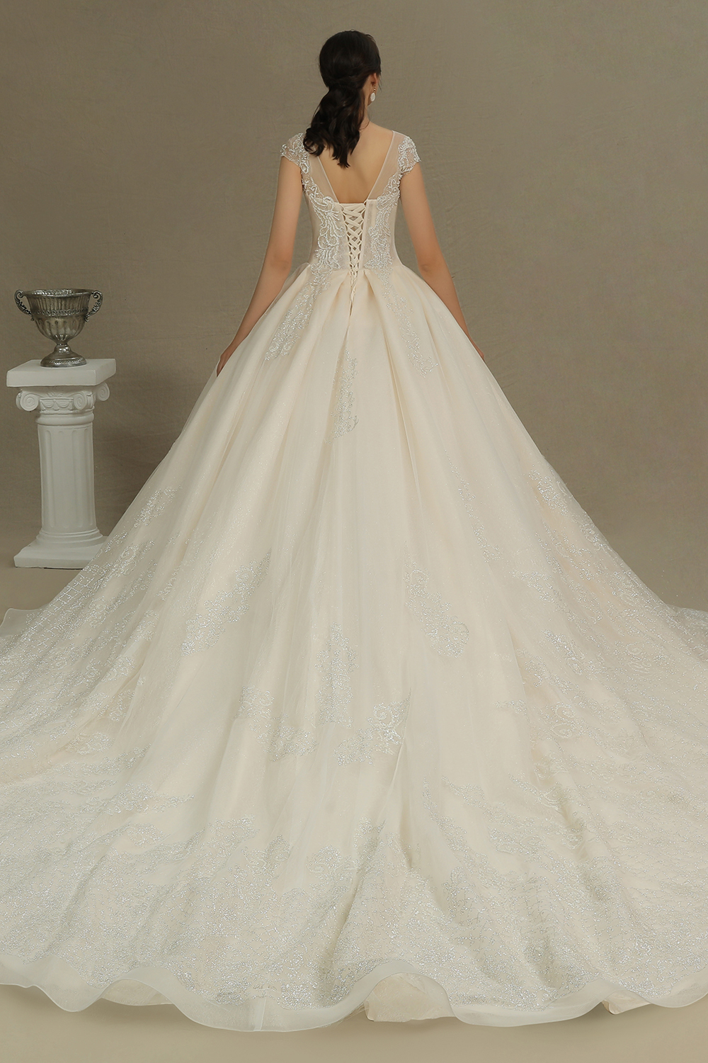 A-line Jewel Neck Sleeveless Cathedral Train Tulle Bridal Gown With Lace 7