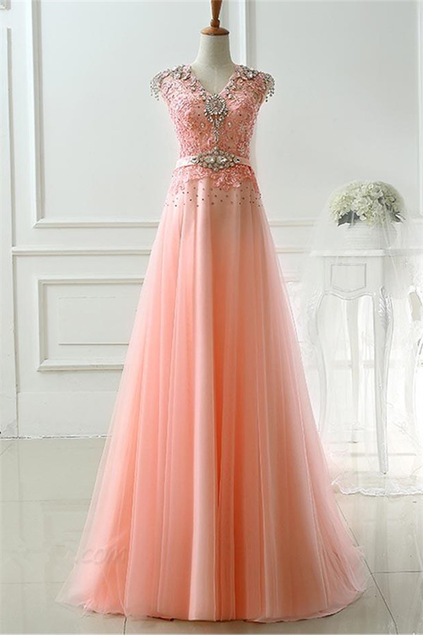 A-line V-neck Sleeveless Floor-length Tulle Evening Gown With Lace 2