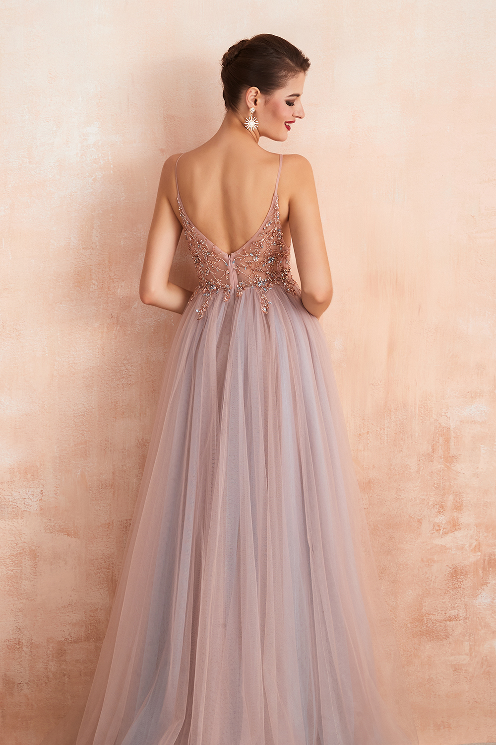 A-line V-neck Sleeveless Sweep / Brush Train Tulle Evening Dress With Sequins 8