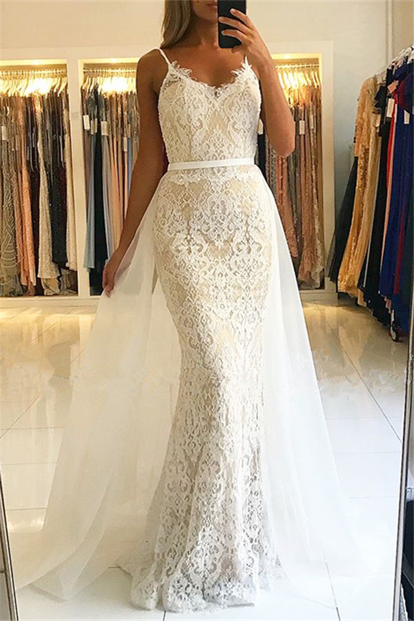 Column Spaghetti Straps Sleeveless Floor-length Evening Gown With Lace 2