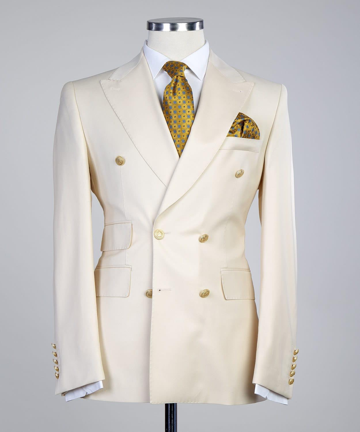 Creamy White Double Breasted Men Suit with Peaked Lapel 4