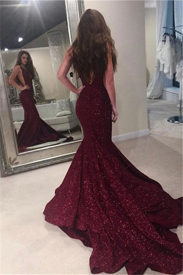 Mermaid V-neck Sleeveless Sweep / Brush Train Evening Dress With Sequins 2