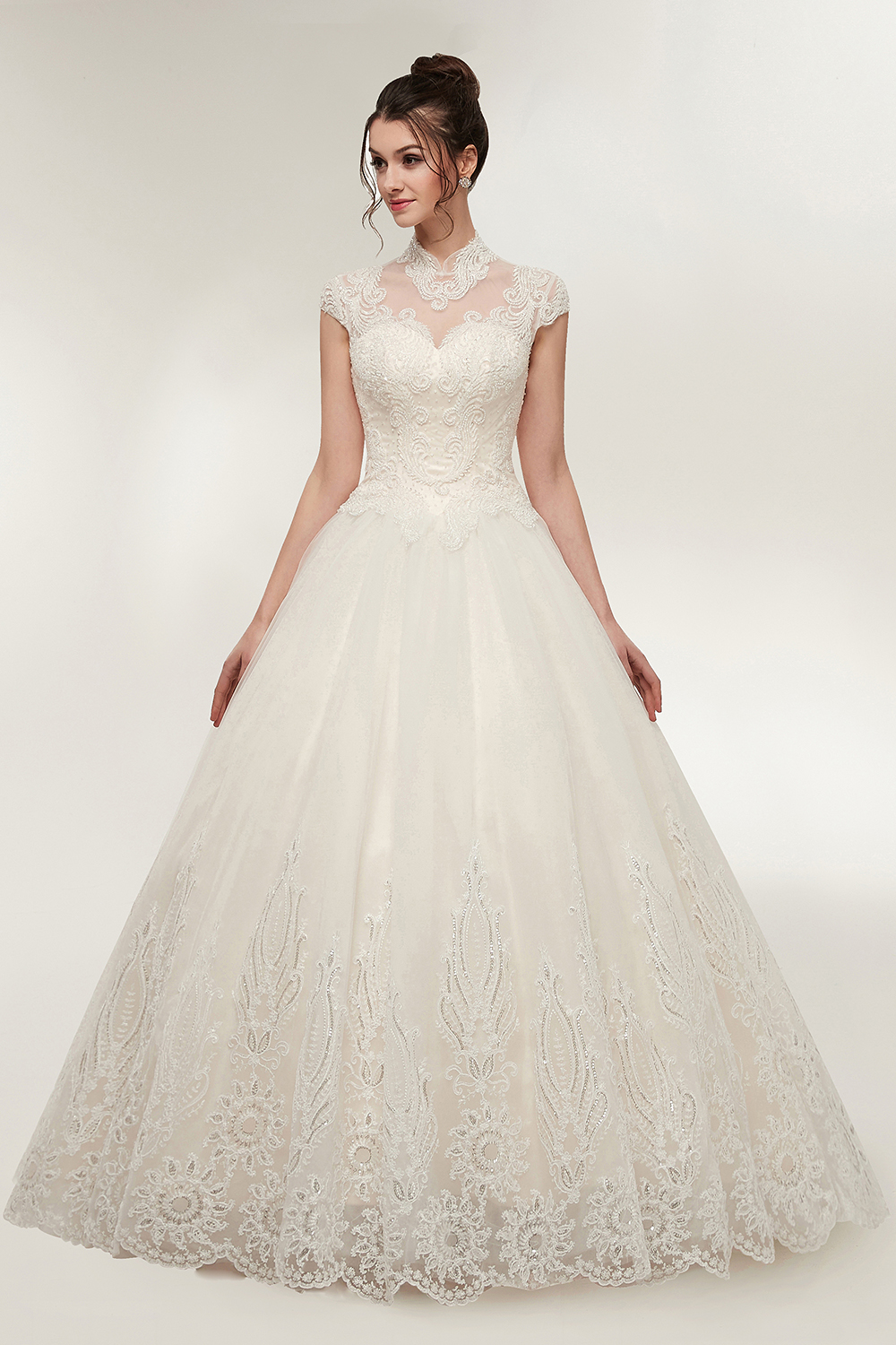 High Neck Short Sleeves Floor-length Lace Bridal Gown With Ruched 3