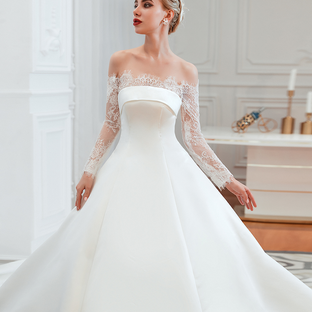 Bateau Neck Long Sleeves Cathedral Train Satin Wedding Gown With Lace 15