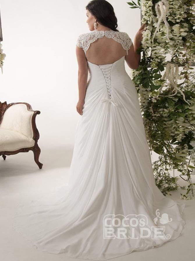 A-line V-neck Scoop Neck Cap Sleeves Floor-length Tulle Bridal Attire With Lace 2