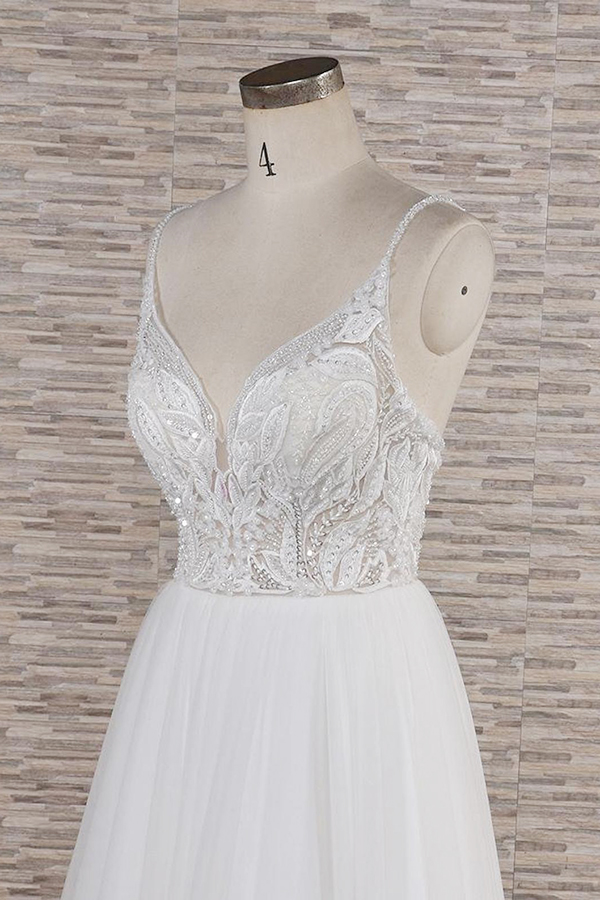 A-line Spaghetti Straps Sleeveless Court Train Tulle Wedding Gown With Beading 5