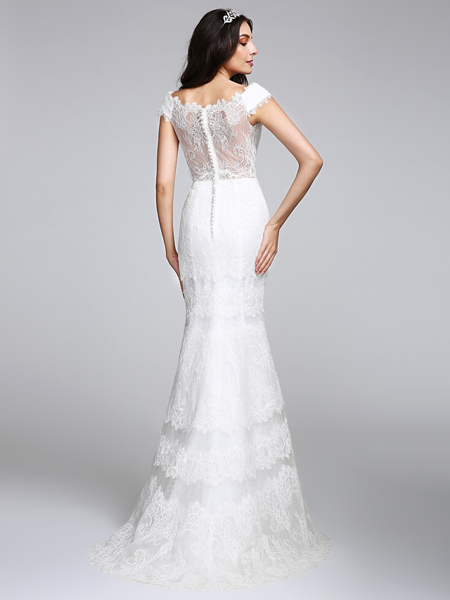 Mermaid V-neck Cap Sleeves Floor-length Tulle Bridal Attire With Lace 2
