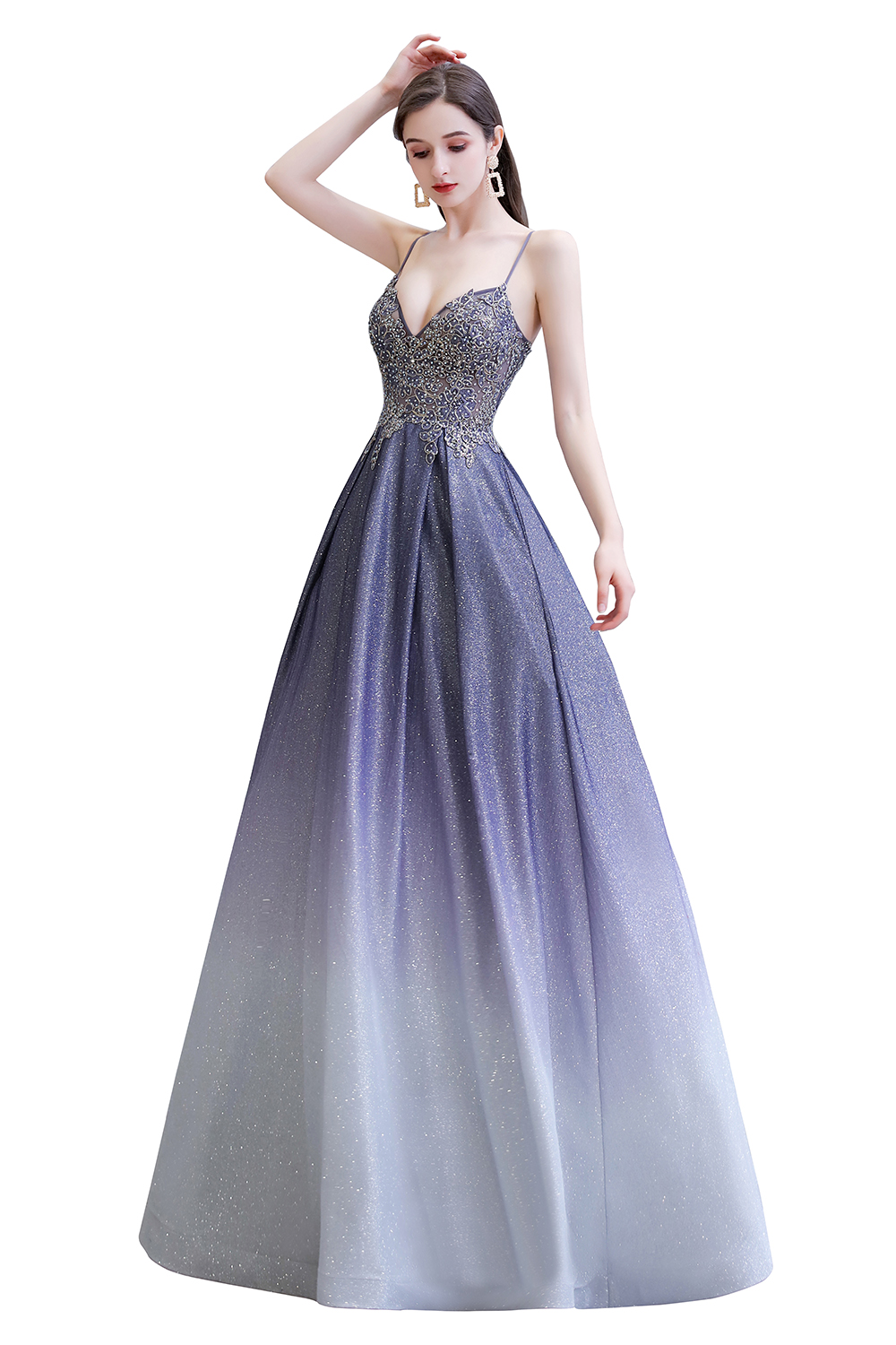 A-line Spaghetti Straps V-neck Sleeveless Sweep / Brush Train Satin Formal Dress With Appliques 12