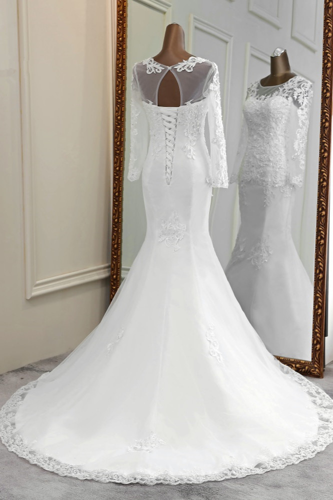 Mermaid Jewel Neck Long Sleeves Floor-length Tulle Wedding Dress With Appliques 2