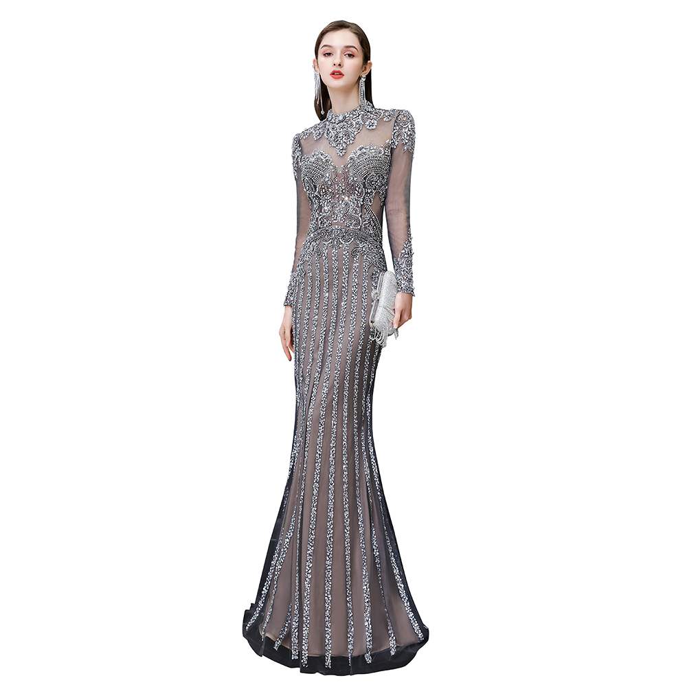 Mermaid High Neck Long Sleeves Sweep / Brush Train Tulle Evening Gown With Beading 10