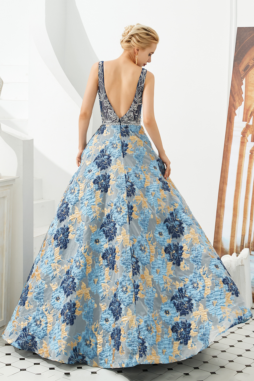 Plunging Neckline Sleeveless Sweep / Brush Train Satin Evening Dress With Beading 6
