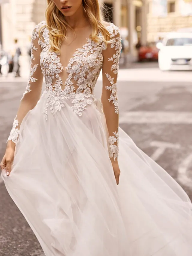 A-line V-neck Long Sleeves Floor-length Tulle Wedding Gown With Lace 3