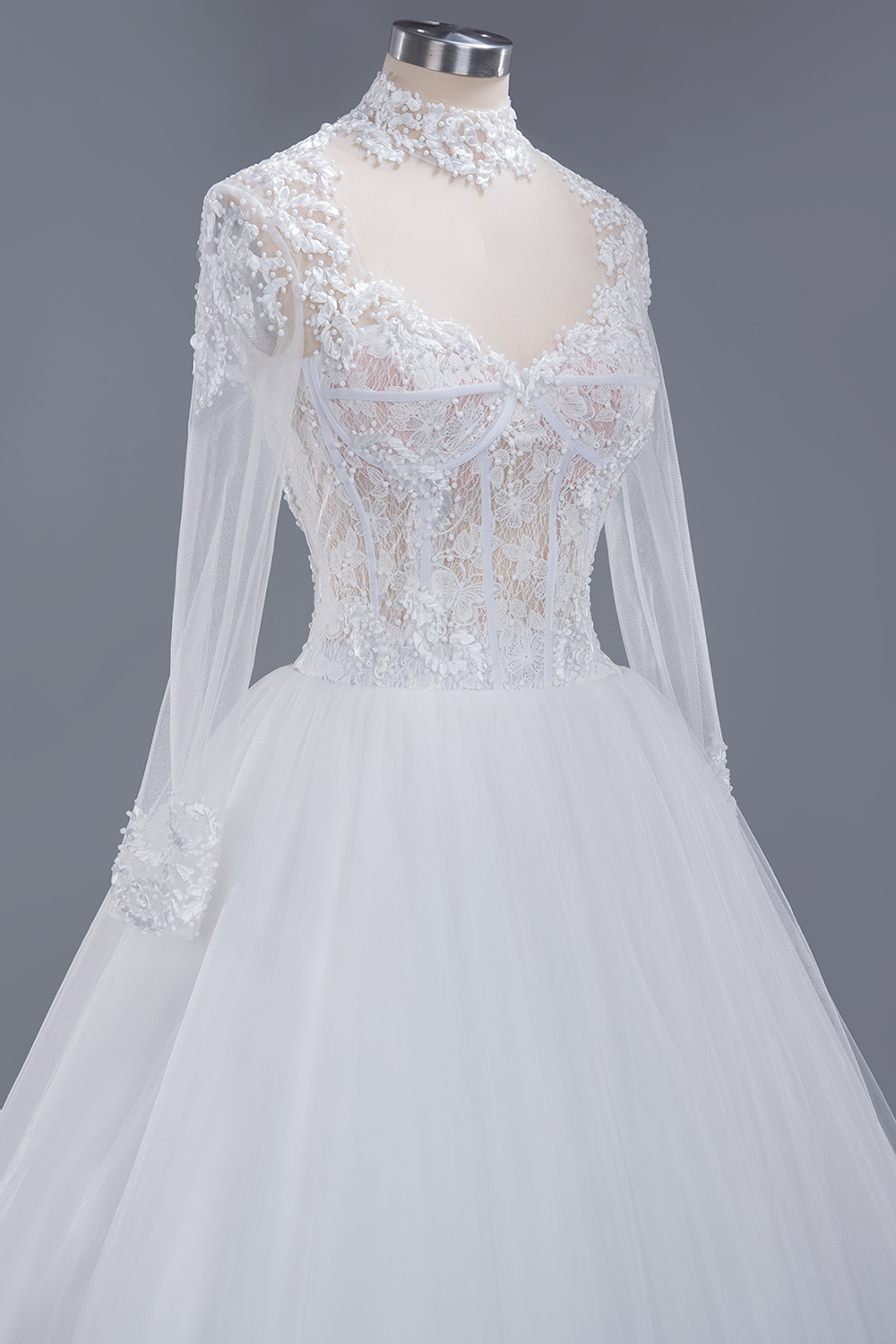 Ball Gown High Neck Long Sleeves Floor-length Lace Wedding Dress With Lace 5