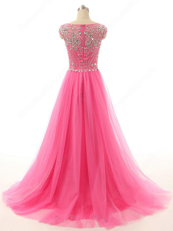 A-line Sleeveless Sweep / Brush Train Tulle Evening Dress With Beading 2