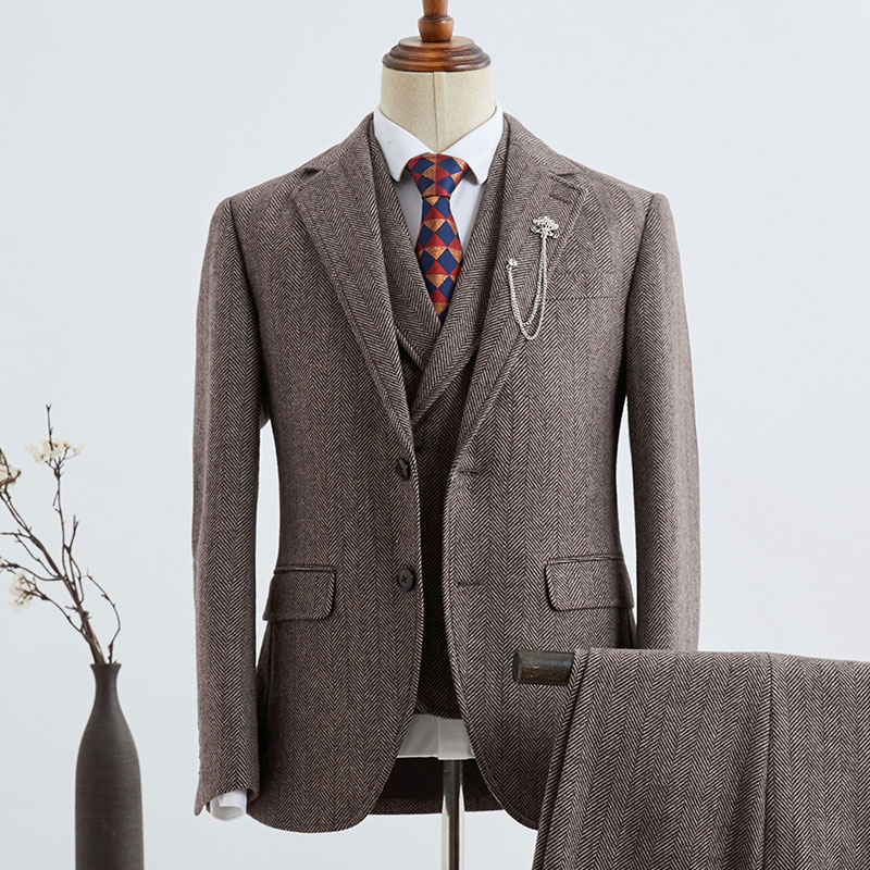 Coffee Striped Slim Fit Tailored Business Suit For Men 2