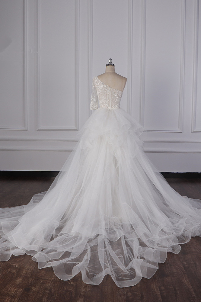 Column One Shoulder 3/4-Length Sleeves Floor-length Tulle Wedding Dress With Appliques 2