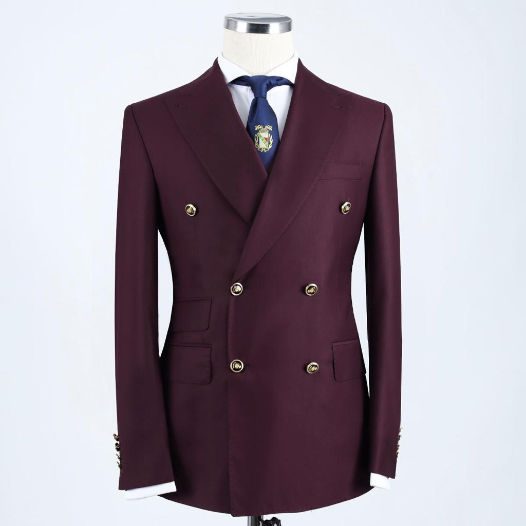 Burgundy Double Breasted Peaked Lapel Slim Fit Men Suit 3