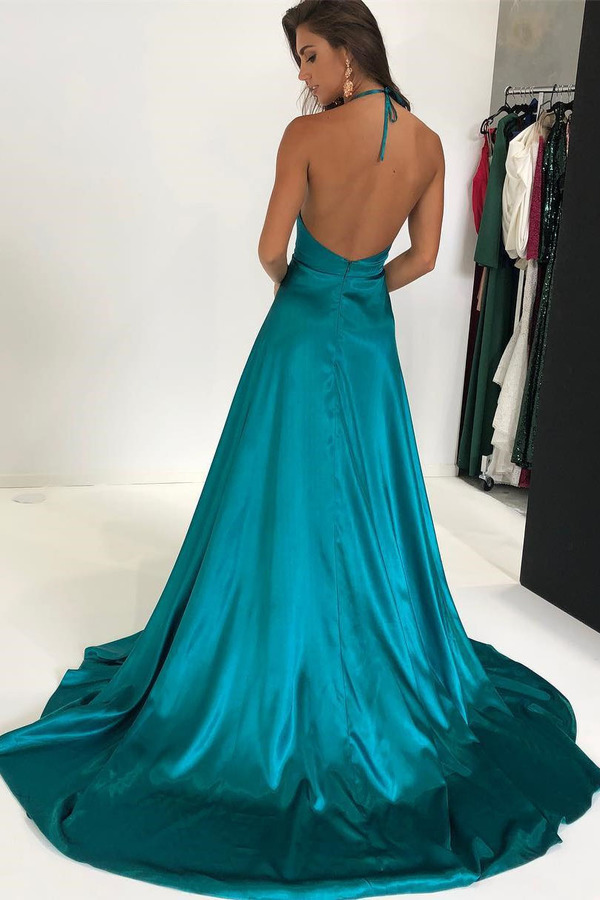 A-line Halter-neck Sleeveless Evening Dress With Court Train 2