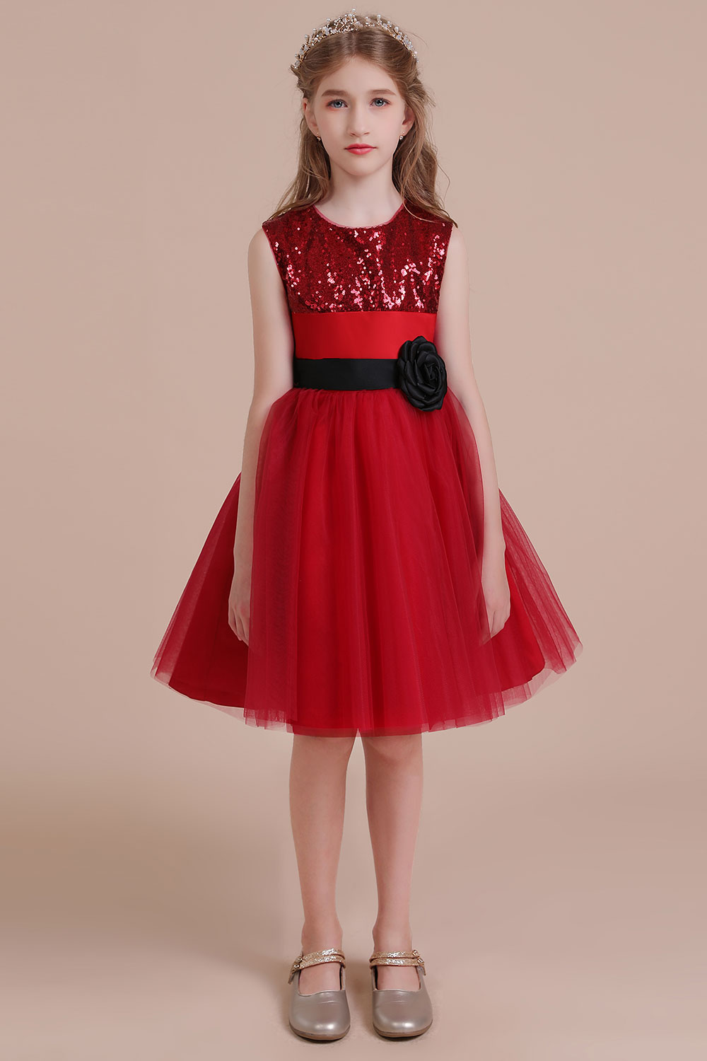 A-line Jewel Neck Sleeveless Knee-length Tulle Flower Girl Dress With Flower(s) 3