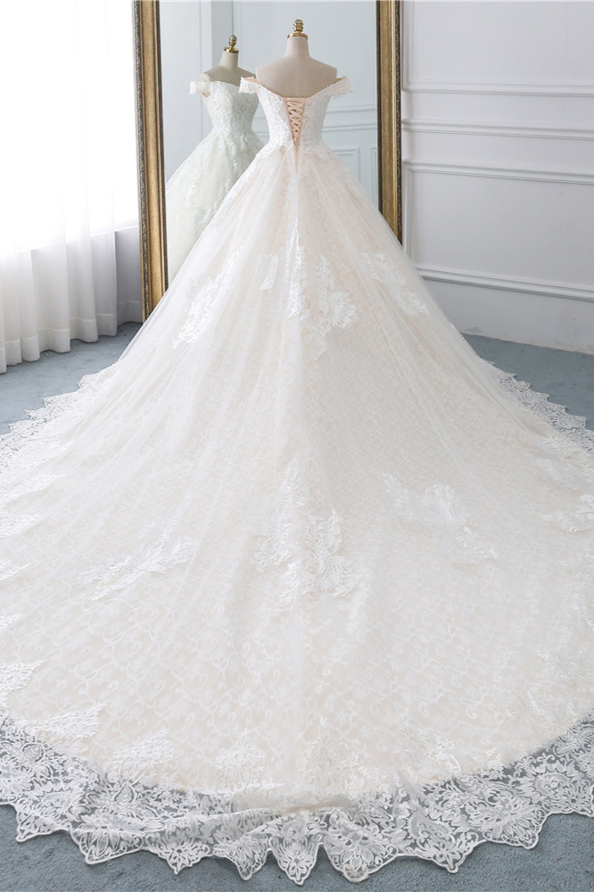 A-line Off-the-shoulder Sweetheart Neck Floor-length Tulle Wedding Dress With Lace 2