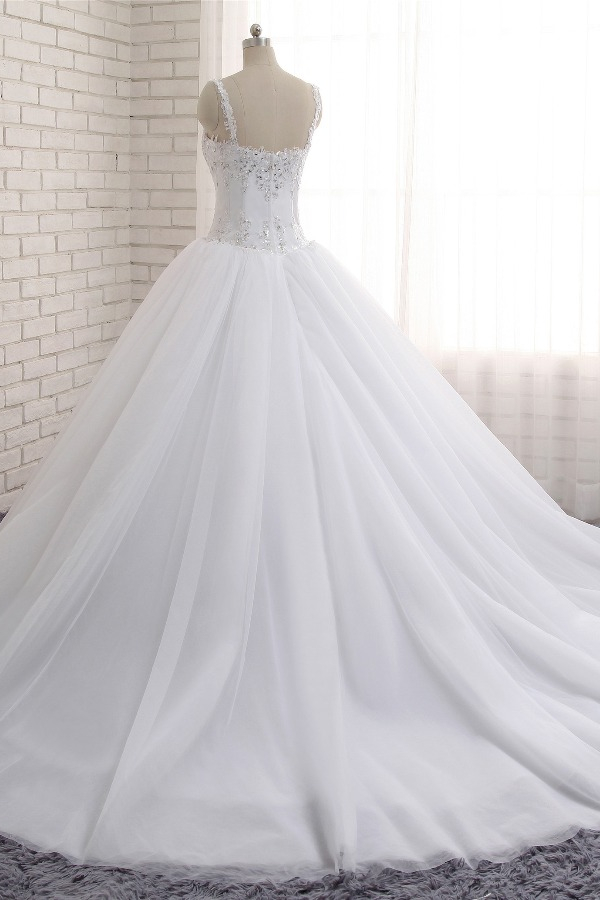 A-line Straps Sleeveless Court Train Tulle Wedding Dress With Appliques 2