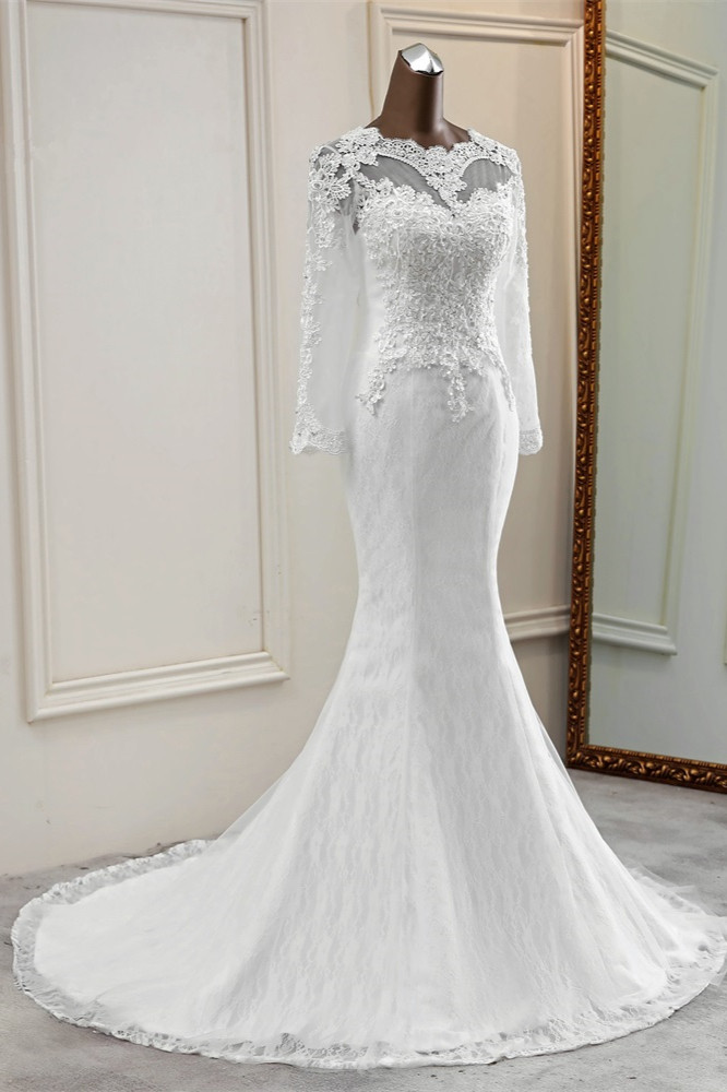 Mermaid Jewel Neck Long Sleeves Floor-length Tulle Wedding Gown With Lace 4