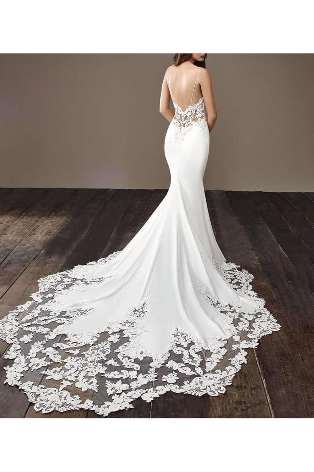 Mermaid Spaghetti Straps V-neck Sleeveless Court Train Tulle Wedding Gown With Lace 6
