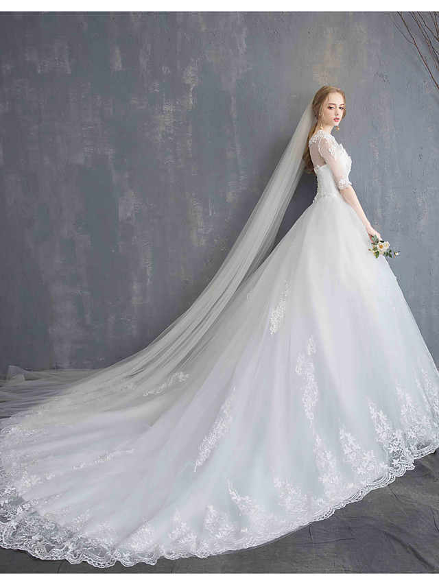 Ball Gown Scoop Neck Half-Sleeves Chapel Train Lace Bridal Gown With Lace 15