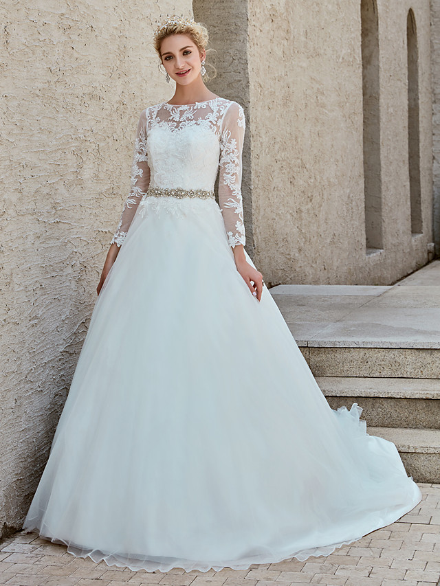 Ball Gown Bateau Neck Long Sleeves Chapel Train Tulle Bridal Gown With Lace 4