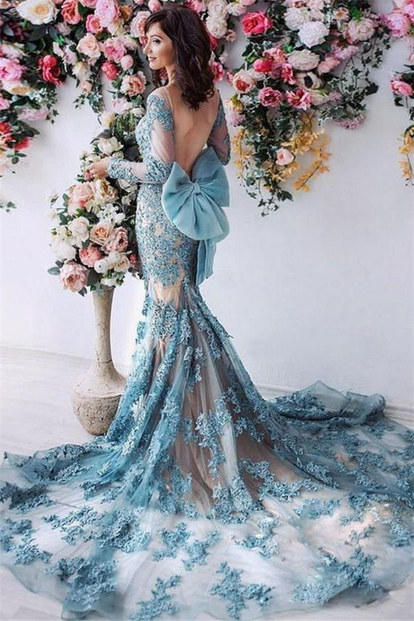 Mermaid Scoop Neck Chapel Train Tulle Formal Wear With Lace 1