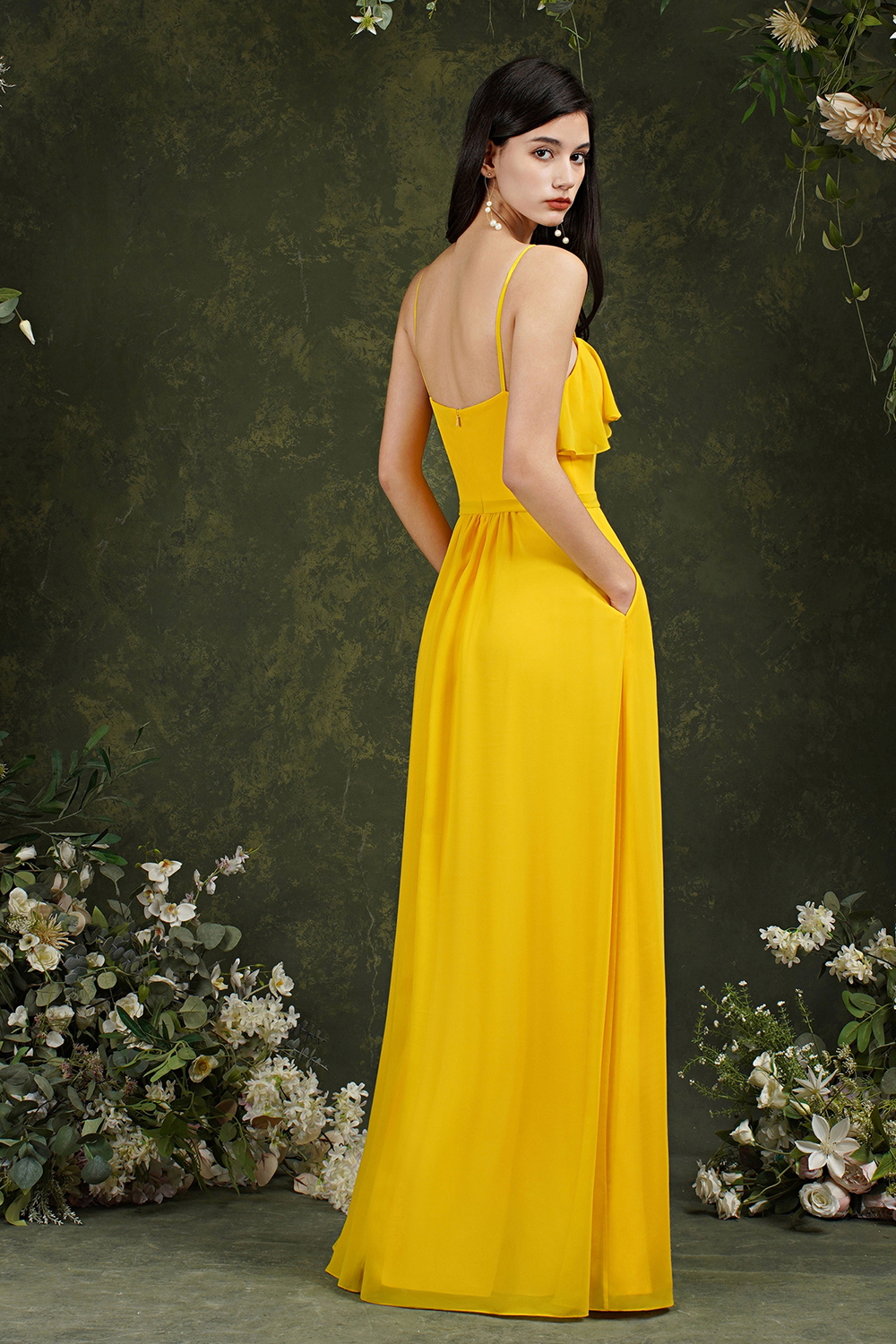 A-line Spaghetti Straps Sleeveless Floor-length 100D Chiffon Bridesmaid Dress With Pockets 7