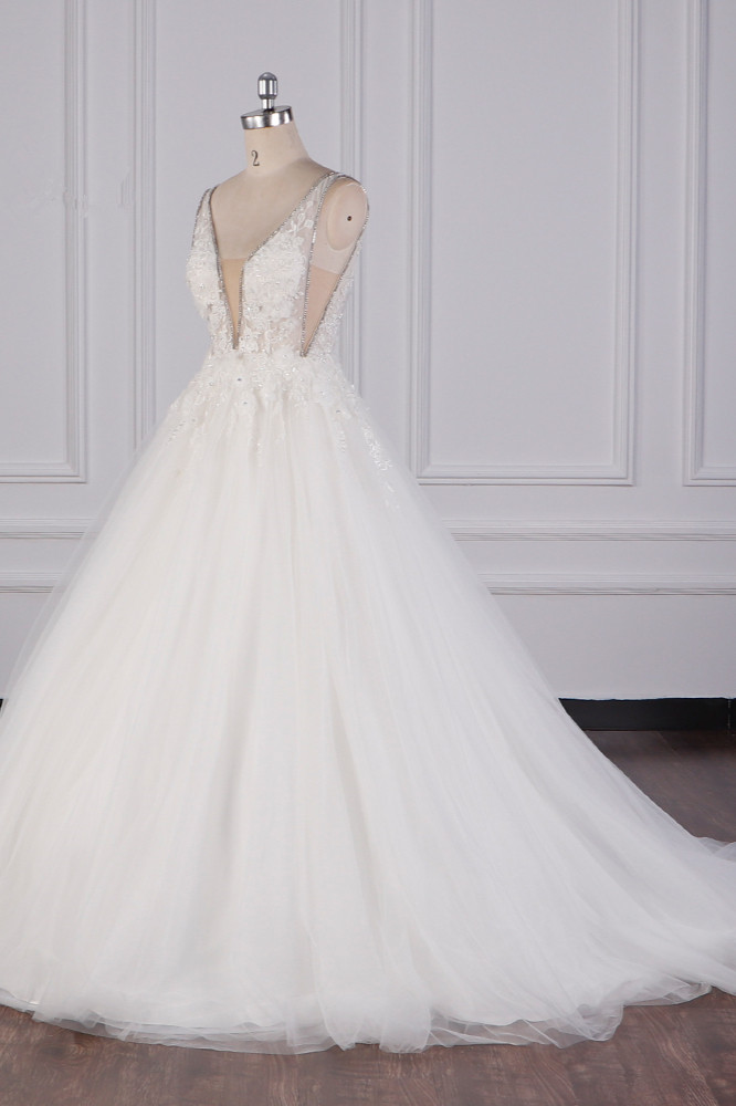 A-line Plunging Neckline Sleeveless Floor-length Tulle Wedding Dress With Lace 2