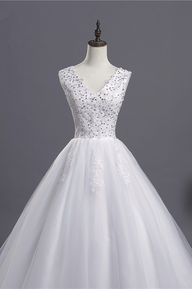 A-line Straps V-neck Sleeveless Floor-length Tulle Wedding Dress With Appliques 4