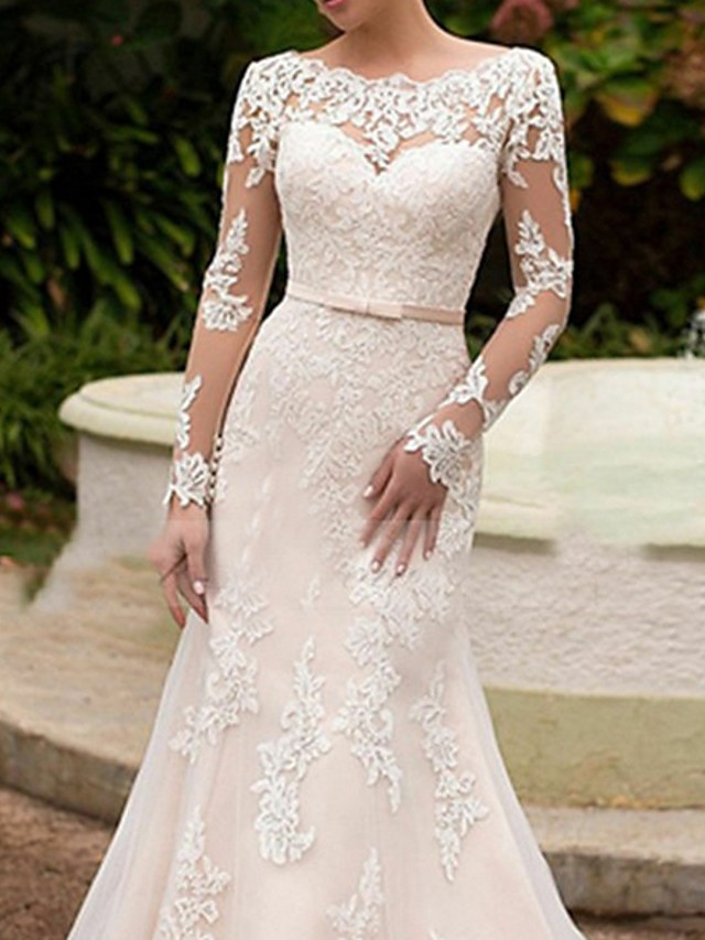 Mermaid Bateau Neck Long Sleeves Sweep / Brush Train Bridal Dress With Lace 2