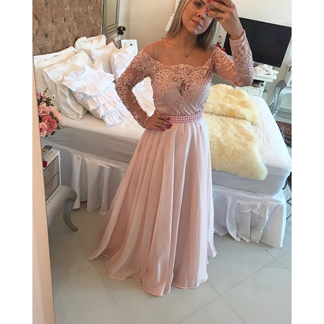 A-line Bateau Neck Long Sleeves Floor-length 100D Chiffon Evening Dress With Lace 2