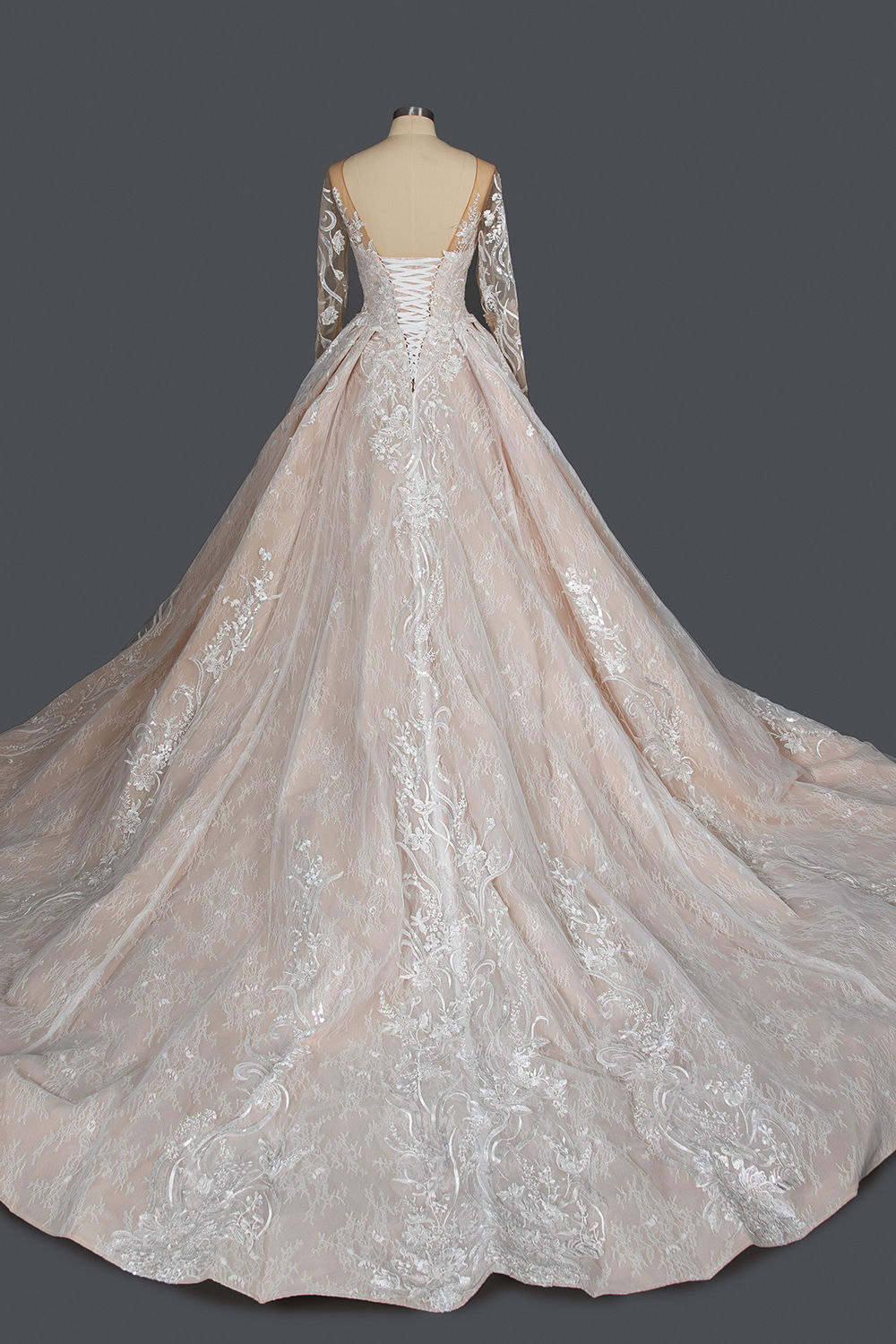A-line Jewel Neck Long Sleeves Cathedral Train Tulle Wedding Gown With Lace 2