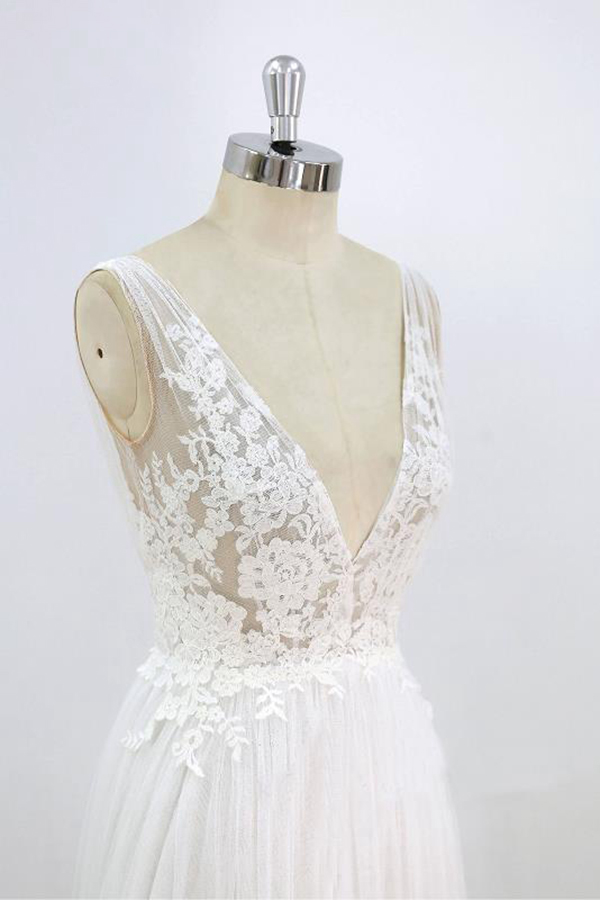 A-line V-neck Sleeveless Sweep / Brush Train Tulle Wedding Gown With Lace 5