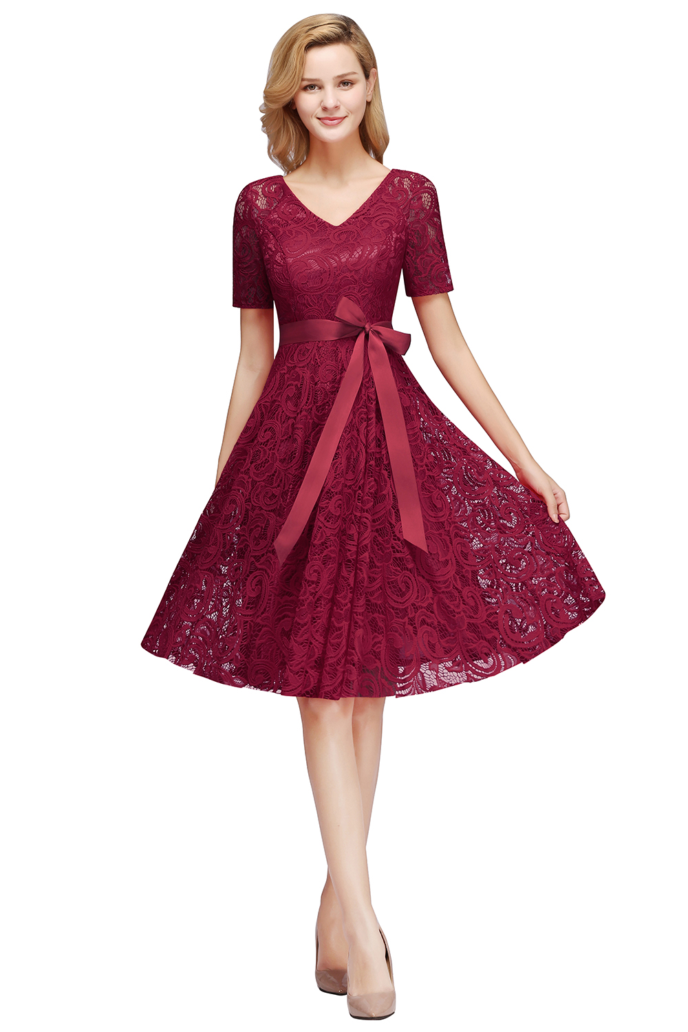 A-line V-neck Short Sleeves Knee-length Lace Bridesmaid Dress With Ribbons 9