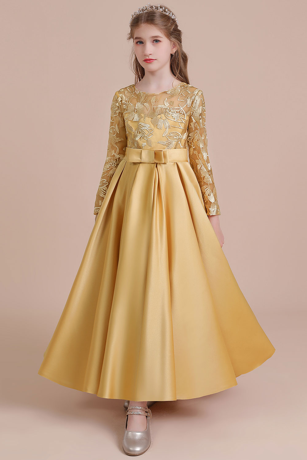 A-line Jewel Neck Long Sleeves Ankle-length Satin Flower Girl Dress With Embroidery 8
