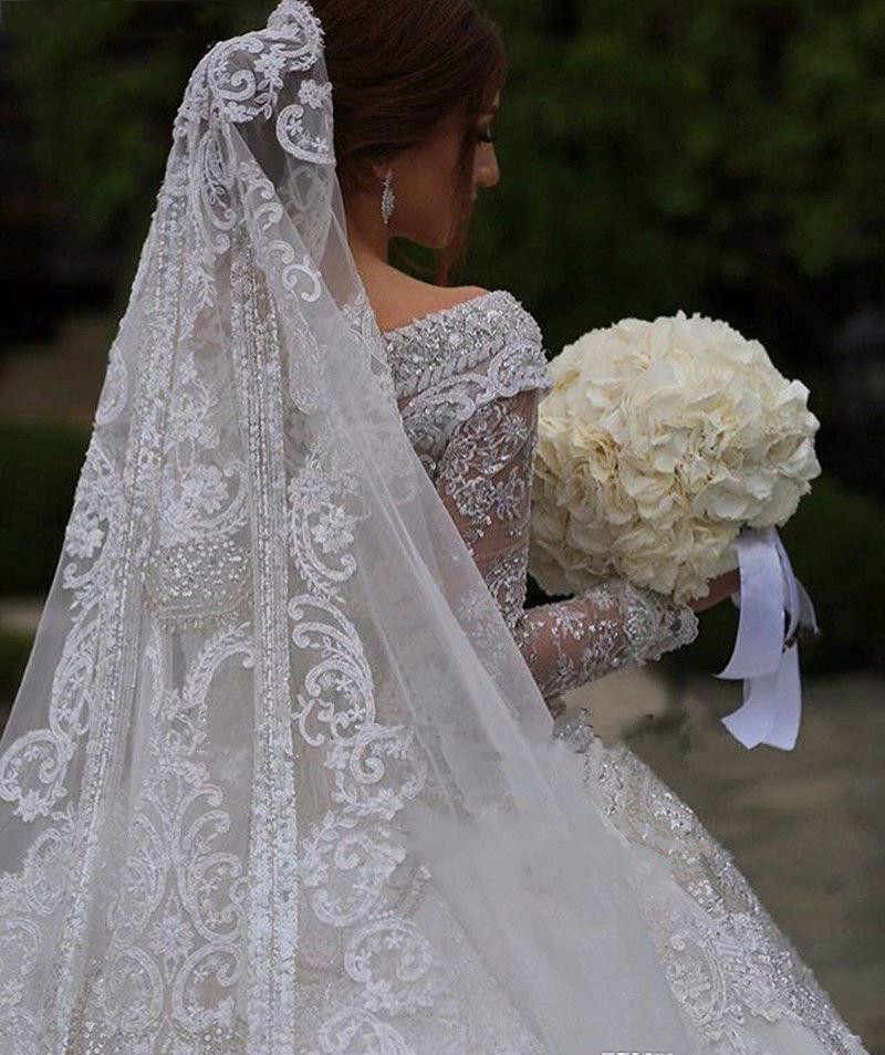 A-line Off-the-shoulder Long Sleeves Cathedral Train Lace Wedding Gown With Crystal 5