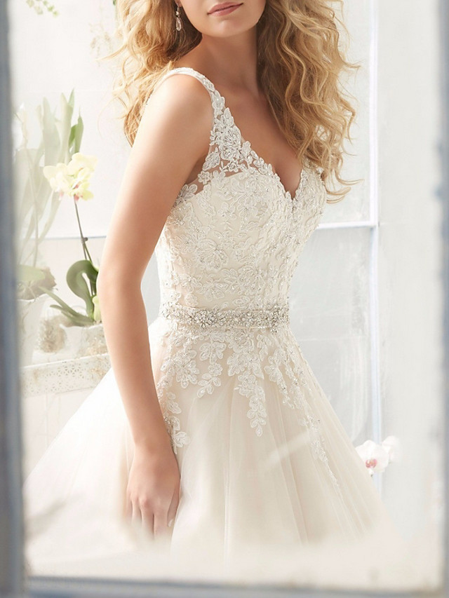A-line Straps V-neck Court Train Lace Wedding Gown With Beading 3