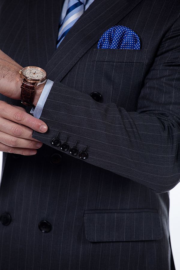 Black Striped Double Breasted Wool Blend Men's Suit with Peak Lapel 5