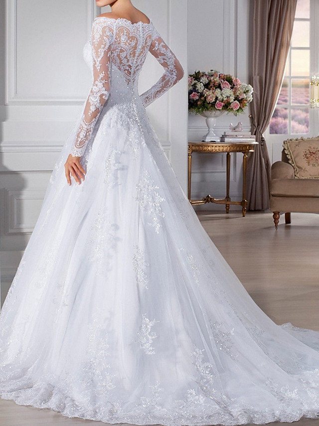 A-line Long Sleeves Sweep / Brush Train Tulle Bridal Gown With Lace 2
