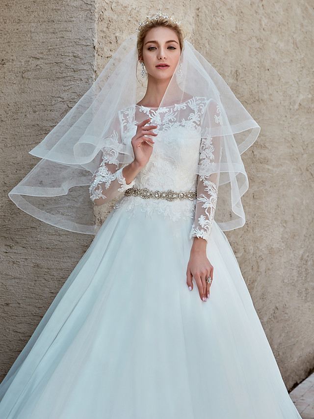 Ball Gown Bateau Neck Long Sleeves Chapel Train Tulle Bridal Gown With Lace 15
