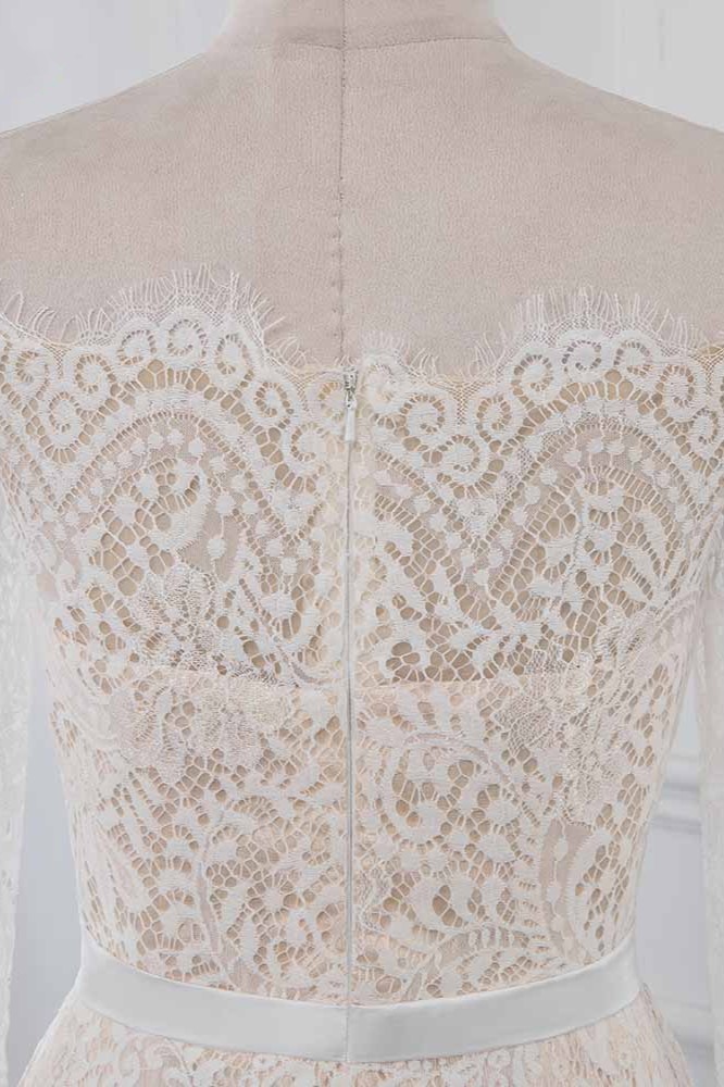 Column Bateau Neck Long Sleeves Floor-length Lace Wedding Dress With Appliques 5